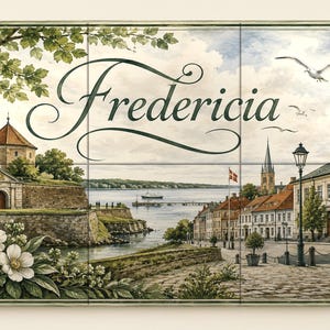 Fredericia harbour ceramic tile mural with ramparts and Danish flag, Little Belt waterfront wall art for kitchen and entry