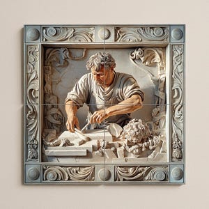 Op de afbeelding: Een gedetailleerd reliëfbeeldhouwwerk dat een man voorstelt die steen bewerkt. Het kunstwerk is omlijst met sierlijke, lichtgrijze lijstwerk en heeft een klassiek thema. De man is geconcentreerd op zijn werk en beitelt een blok steen. De algehele stijl doet denken aan klassieke kunst.