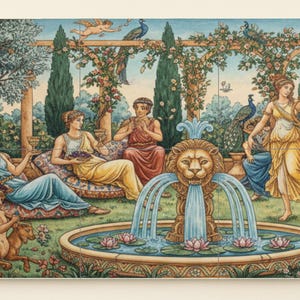 May include: A colorful painting depicts a classical garden scene with figures in flowing robes. A lion-head fountain is in the foreground, with a pond of water lilies. Peacocks, cherubs, and musical instruments are also present.