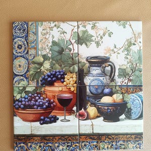 Mediterranean Vineyard Tile Mural | Spanish Still Life Decor | Ceramic Wall Art | Wine and Grapes Tile Accent | Handcrafted Pottery