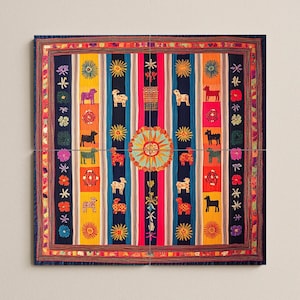 May include: A colourful, square textile with a repeating pattern of stripes and embroidered motifs. The design includes images of animals, suns, and floral elements in shades of blue, orange, yellow, and red. The border is a dark blue with a fringed edge.
