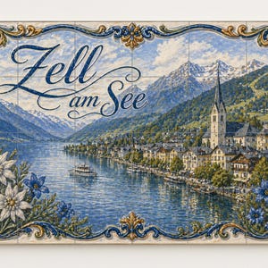 May include: Decorative ceramic tile featuring a scenic view of Zell am See, Austria, with a lake, mountains, and a church. The tile has a decorative border with floral and scroll designs. The text "Zell am See" is written across the top.