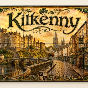 May include: A rectangular wall art piece featuring a detailed illustration of Kilkenny, Ireland. The scene depicts a stone castle, a river with a bridge, and a cobblestone street with a shop labeled Kilkenny and Est. 1195. The artwork is framed by an ornate green and gold border with a shamrock at the top.