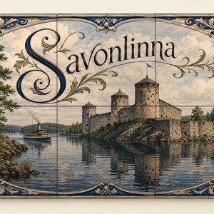 May include: A rectangular wall art piece composed of twelve tiles featuring a painting of the Savonlinna castle on a rocky island, a steamship on the water, and pine trees. The image is framed by a decorative blue and white scrollwork border.