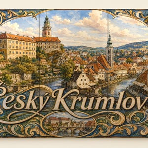 May include: A rectangular wall tile mural depicting the town of Cesky Krumlov with a river, historic buildings, and a castle. The scene is framed by ornate blue and gold floral scrollwork, with the text Cesky Krumlov in large script.