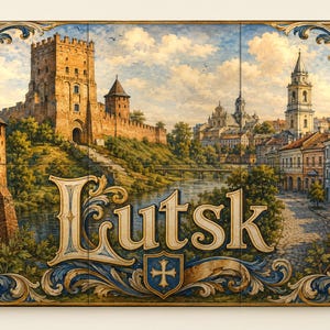 May include: A decorative wall tile mural featuring a detailed landscape of Lutsk, including a historic brick castle, a river, and city buildings. The word Lutsk is printed in large, ornate lettering in the center, framed by blue and gold scrollwork.