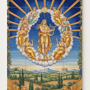 May include: A decorative tile panel depicting a classical scene. A central figure plays a lyre, surrounded by figures in gold robes, set against a blue sky with sun rays. The bottom features a landscape with griffins.