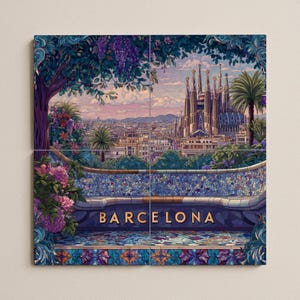 May include: A vibrant artwork depicting a scenic view of Barcelona, Spain. The image showcases the Sagrada Familia cathedral, lush greenery, and a mosaic bench with the city's name in gold lettering. The artwork is rich in detail and color, with a focus on architectural and natural elements.