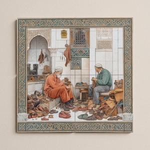 Moroccan Shoemakers Tile Mural – Handcrafted Wall Art Mosaic for Cultural Kitchen Backsplash or Artisan Workshop Decor