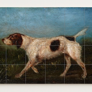 Può includere: Dipinto in stile antico di un cane con pelo marrone e bianco, che cammina su un'area erbosa. Il cane ha macchie marroni e una testa marrone. Lo sfondo presenta un cielo blu e erba verde scuro.