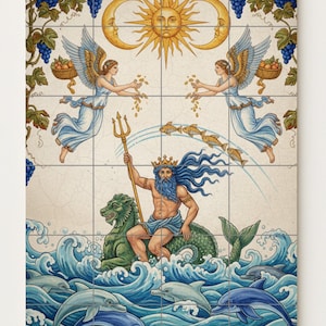 May include: Decorative tile panel featuring a mythological scene. A central figure with a trident sits atop a sea creature, surrounded by dolphins and waves. Angels, sun, and moon elements are also present, with grape vines in the corners. The color palette includes blues, greens, and golds.