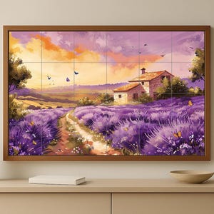 May include: A framed artwork depicts a lavender field with a path leading to a stone house under a sunset sky. Butterflies and birds are scattered throughout the scene. The artwork is displayed on a beige cabinet.