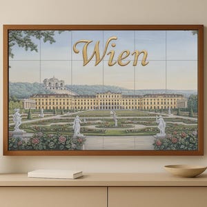 May include: A framed tile art piece featuring a detailed illustration of a grand palace and gardens, with the word "Wien" in gold script. The artwork is set against a light blue sky and framed in a brown wooden frame.