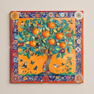 May include: A square artwork depicting an orange tree with ripe fruit, set against an orange backdrop. The image includes butterflies, birds, and bees. The artwork is framed with a decorative border of floral and geometric designs.