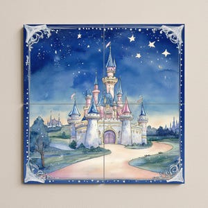 May include: Watercolor illustration of a fairytale castle under a starry night sky. The castle features pink, blue, and white turrets, with a winding path leading to the entrance. The artwork is divided into four square tiles, framed with decorative borders.