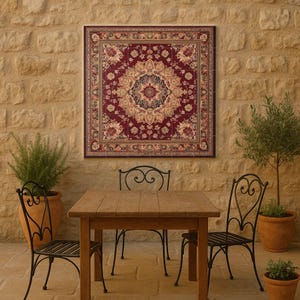 May include: A square, ornate rug with a deep red background and a central floral medallion is mounted on a stone wall. The rug features beige, cream, and gold floral patterns. A wooden table and wrought iron chairs are in front of the rug.