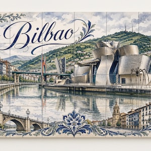 May include: A decorative tile panel featuring a watercolor painting of Bilbao, Spain. The image includes the Guggenheim Museum, a bridge, and buildings along a river. The word "Bilbao" is written in elegant script across the top. The border has a blue and white floral design.