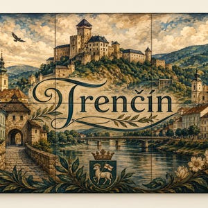 May include: A rectangular wall art print featuring a detailed illustration of Trenčín, Slovakia. The scene depicts a hilltop castle overlooking a river, a bridge, and town buildings. The word Trenčín is written in large, elegant black script.