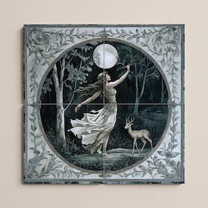 May include: A monochrome artwork showing a woman in a flowing dress reaching towards a full moon. A deer stands nearby in a forest setting, framed by a decorative border. The artwork is divided into four tiles.