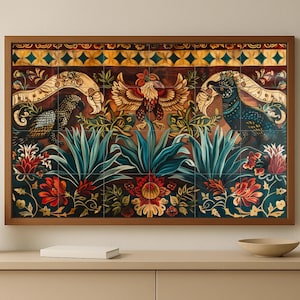 May include: Framed artwork featuring a detailed illustration of two birds flanking a central design. The artwork showcases a rich color palette of teal, red, and gold, with floral and foliage elements. The frame is a warm brown.