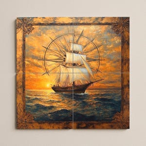May include: An artwork of a tall ship sailing on a wavy ocean under a sunset sky. The ship has white sails and a dark hull. The artwork is framed with a decorative border and a compass rose design.