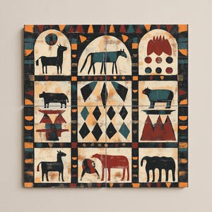 May include: Square artwork featuring a grid of animal and geometric designs. The artwork uses a palette of black, red, teal, and cream. The animals include horses, cows, and other farm animals. The artwork has a folk art style.