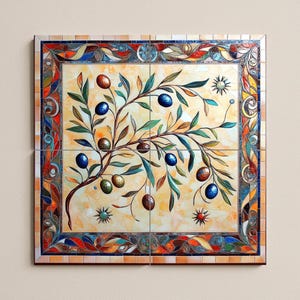 Mural de pared de olivo de cerámica mediterránea con ramas coloridas dibujadas a mano, panel decorativo artístico de azulejos para salpicadero de cocina