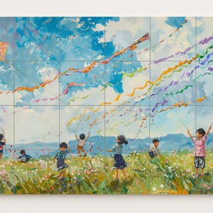 May include: A vibrant painting depicts children flying kites in a field of wildflowers under a bright blue sky. Colorful kites with long tails soar above the children, adding a sense of joy and movement to the scene. The artwork is divided into multiple panels.