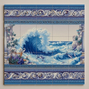 Ocean Wave Tile Mural | Nautical Wall Art with Dolphins | Mediterranean Decor | Handcrafted Ceramic Accent | Greco-Mediterranean Style