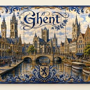 May include: A rectangular wall mural composed of tiles depicting a cityscape of Ghent, Belgium. The scene features historic buildings, a canal with boats, and a bridge. The word Ghent is written in blue script at the top, framed by a blue and white floral border.