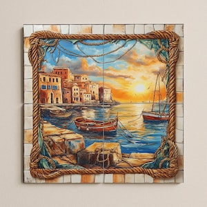 May include: A coastal scene painting featuring a sunset over a harbor with boats and buildings. The artwork is framed with a rope border and tile background. The color palette includes blues, oranges, and browns.