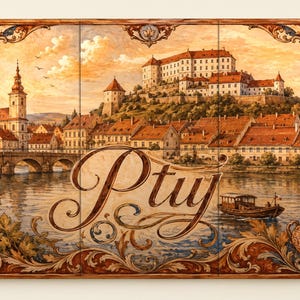 May include: A rectangular ceramic tile mural featuring a painted landscape of a town with a castle on a hill, a river, a bridge, and a boat. The word Ptuj is written in large cursive script in the center, framed by ornate brown scrollwork.