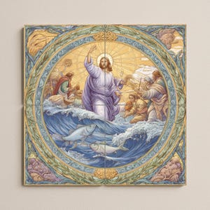 May include: A religious artwork depicting a biblical scene. The image features a central figure in a purple robe, surrounded by figures in a boat and in the water. The artwork is framed by a decorative border with floral and geometric patterns.