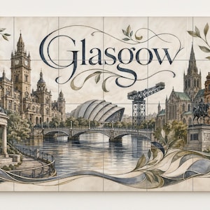 Peut inclure: Illustration à l'aquarelle de Glasgow, Écosse, représentant des monuments emblématiques tels que le City Chambers et le Riverside Museum. Le mot "Glasgow" est écrit en script élégant. Des éléments floraux ornent l'image.