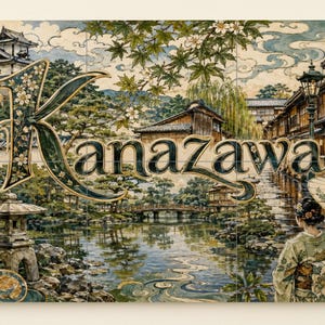 May include: A rectangular wall art print featuring a detailed illustration of a Japanese landscape with the word Kanazawa overlaid in large decorative lettering. The scene includes a stone lantern, a pond, wooden buildings, and a person with an umbrella.