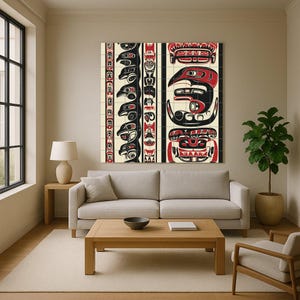 May include: A large wall art piece featuring a series of Native American totem designs. The artwork showcases bold black and red figures against a cream background, creating a striking visual contrast. The design is displayed in a living room setting.