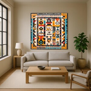 May include: A large, framed abstract artwork with a geometric design. The piece features a vibrant mix of colours, including red, orange, blue, and black, arranged in a symmetrical pattern. It's displayed above a light-coloured sofa in a modern living room.