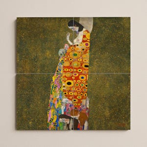 May include: A reproduction of a Gustav Klimt painting, featuring a woman in a red and gold dress with circular patterns. The artwork is divided into four panels, set against a textured, olive-green background. The woman's face is visible, with her hands raised.