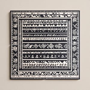May include: A square, monochrome patterned wall art piece. The design features a repeating geometric pattern of lines, triangles, and other shapes. The artwork is divided into four equal squares, creating a cohesive design.