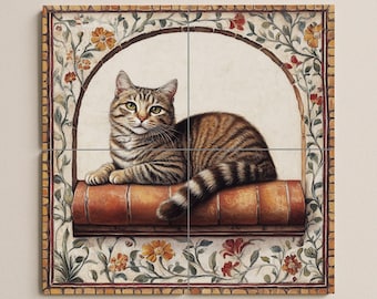 Tabby Cat Ceramic Mural – Resting Feline on Terracotta Shelf with Floral Arch, Vintage Charm and Warm Artistic Detail