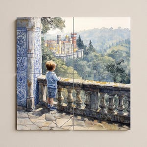 May include: Watercolor print of a child gazing at a colorful castle atop a hill. The scene is framed by a stone balustrade and a wall adorned with blue and white tiles. The artwork captures a moment of wonder and exploration.