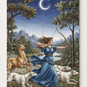 May include: A ceramic tile mural depicting a woman in a blue dress with a bow and arrow, aiming at a target. A deer and two white dogs run alongside her in a forest setting under a crescent moon.