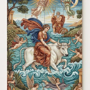 May include: A decorative tile panel depicting a classical scene with figures, including a woman riding a white bull through water. The artwork features angels, gods, and a dolphin, with a blue and orange color palette. The panel is made of multiple tiles.