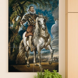 May include: A framed print of a historical painting depicting a man on a white horse. The man is dressed in ornate armor and holds a staff. The background features a battle scene and a cloudy sky.