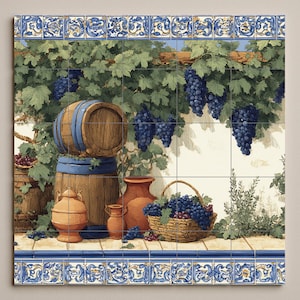 May include: A decorative tile mural depicting a vineyard scene. The image features a wooden barrel, terracotta pots, and a basket filled with purple grapes. Green grape leaves and vines are also present, with a blue and white border.