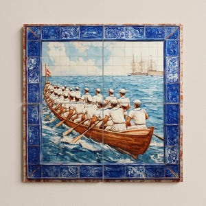 May include: A nautical-themed tile mural depicting a rowboat with a crew of rowers on a blue sea. The rowboat is brown, and the crew is wearing white uniforms. A ship sails in the background under a cloudy sky. The border is blue.