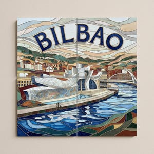 Peut inclure: Une œuvre d'art colorée représentant Bilbao, en Espagne, avec le mot "BILBAO" en grandes lettres bleues en haut. L'image représente le musée Guggenheim et le paysage urbain environnant, avec une rivière au premier plan. Le style ressemble à du vitrail.