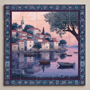 May include: A scenic tile mural depicting a coastal village at sunset. The artwork features white buildings with red tile roofs, a church tower, and boats on the water. The border is a decorative blue and purple floral pattern. The overall color palette is soft, with pink and blue hues.