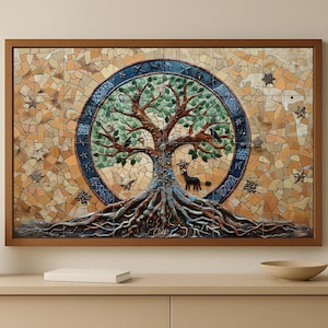 May include: A framed mosaic artwork showing a tree with a circular design. The tree has green leaves, brown branches, and exposed roots. The background is a mosaic of earth-toned tiles, with a blue and white border around the tree.