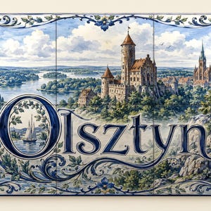 May include: A rectangular ceramic tile mural featuring a blue and white watercolor illustration of the Olsztyn castle, a lake with a sailboat, and surrounding forests. The word Olsztyn is written in large, elegant blue script lettering.